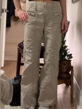 Beige Elastic-Waist Cargo Pants